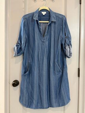 Market & Spruce Indigo-Striped Denim-Style Midi Shirt Dress